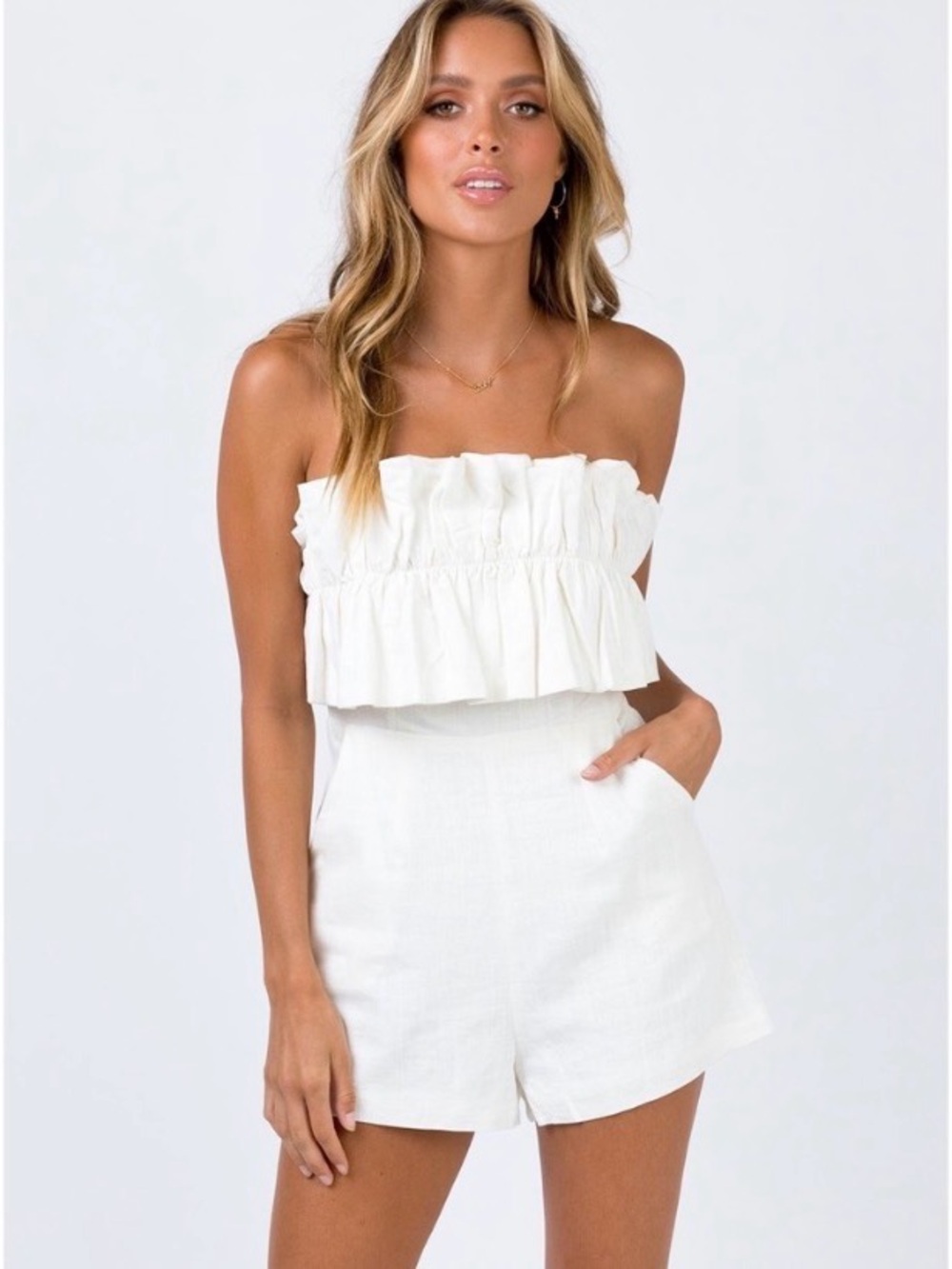 Princess Polly Hunter Mae White Strapless Ruffle Shorts Romper Cream 4 Playsuit
